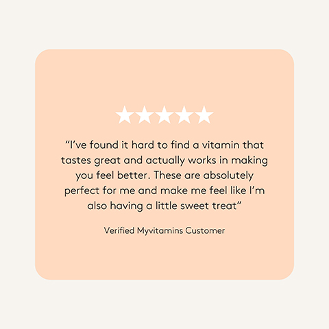 A customer testimonial on a peach background with a five-star rating, reading: Ive found it hard to find a vitamin that tastes great and actually works in making you feel better. These are absolutely perfect for me and make me feel like Im also having a little sweet treat. Verified Myvitamins Customer.