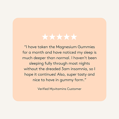 A light peach-colored rounded rectangle on a light cream background displays a customer review with five white stars indicating a 5-star rating, which reads: I have taken the Magnesium Gummies for a month and have noticed my sleep is much deeper than normal. I havent been sleeping fully through most nights without the dreaded 3am insomnia, so I hope it continues! Also, super tasty and nice to have in gummy form. Verified Myvitamins Customer.
