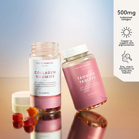 Image shows Myvitamins Beauty Collagen Gummies and Tanning Tablets bottles with gummies and benefits text: 500mg hydrolysed collagen Copper to support skin pigmentation Zinc niacin and biotin to keep skin healthy.